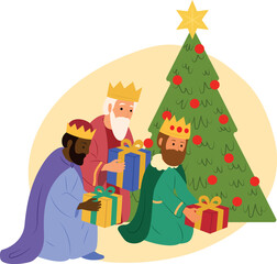 Los tres Reyes Magos dejando regalo bajo el árbol de navidad