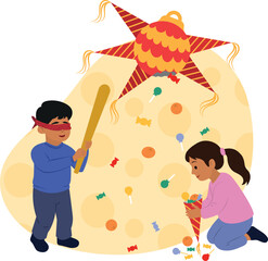 niño rompiendo piñata y niña recogiendo los dulces en fiesta mexicana
