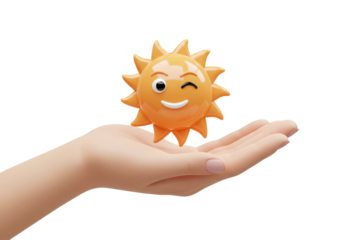 Isolated smiling sun rests on a person's hand offering warmth and positive feelings
