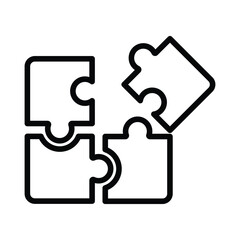 Four puzzle pieces three assembled one askew. Line icon. Editable stroke