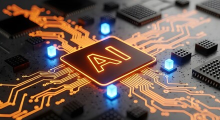 Close-Up Circuit Board with Glowing Orange AI Symbol and Blue Lights