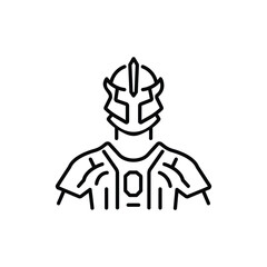 Illustration of a person in armor featuring a detailed helmet and protective upper body gear. Line icon. Editable stroke