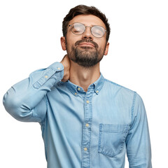 Fototapeta premium Relaxed young bearded man touching his neck, looking upward with eyes closed, conveying peace and contentment on an isolated transparent background.