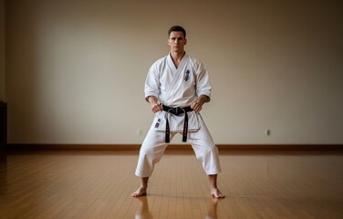 Martial artist in dojo stands calmly with determined expression, focused stance on wooden floor symbolizing discipline, strength, and spiritual training