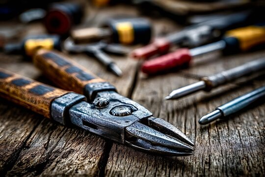 Old cutting pliers resting on wooden workbench with other tools