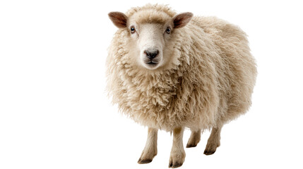 Fototapeta premium A fluffy sheep standing on a white isolated background.