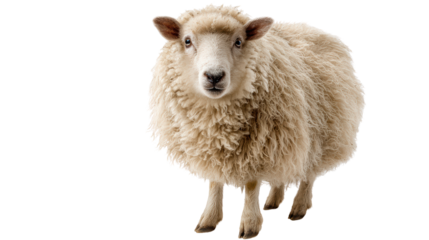 A fluffy sheep standing on a white isolated background.