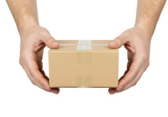 Isolated man hands delivering a cardboard box, package or parcel to customer in delivery