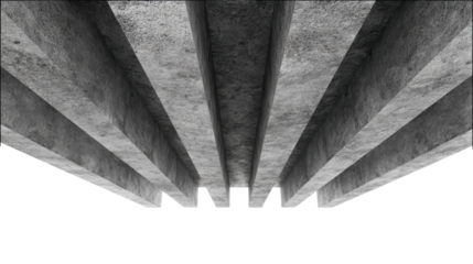 Abstract perspective of concrete structure, emphasizing linear patterns against a white backdrop.