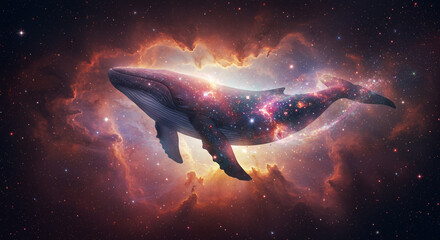 Majestic cosmic whale swimming through a vibrant nebula filled with stars and celestial light in outer space