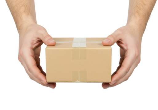 Isolated man hands delivering a cardboard box, package or parcel to customer in delivery