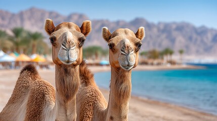 Obraz premium Two camels standing on a beach with a blue ocean in the background