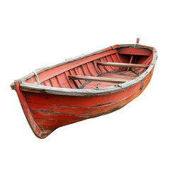 Antique Weathered Wooden Rowboat with Faded Red Paint isolated on background (PNG)