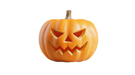 Carved Halloween pumpkin with spooky facial expression, white isolate background.