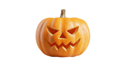 Carved Halloween pumpkin with spooky facial expression, white isolate background.