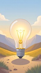 Illuminated lightbulb in a scenic landscape