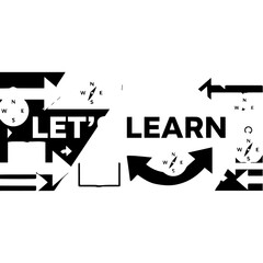 Dynamic black and white 'LET'S LEARN' typography surrounded by directional arrows and compass symbols.