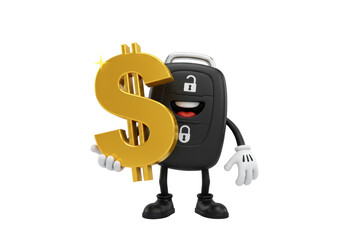 Isolated Car Key Cartoon Character Holding a Golden Dollar Sign Concept for Dealership Offers