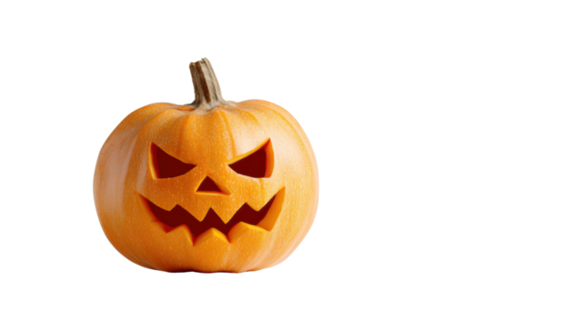 Carved pumpkin with a spooky face, perfect for Halloween decoration, isolated on a white background.