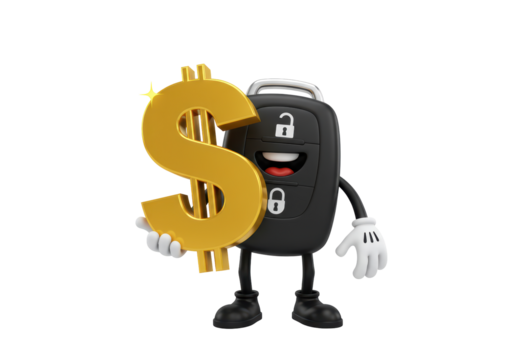 Isolated Car Key Cartoon Character Holding a Golden Dollar Sign Concept for Dealership Offers