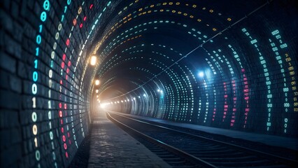 Futuristic digital tunnel with train and binary code lights