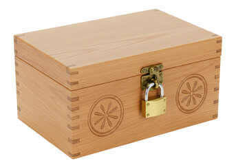 Isolated handcrafted wood box with dovetail joints and padlock to keep valuable items safe