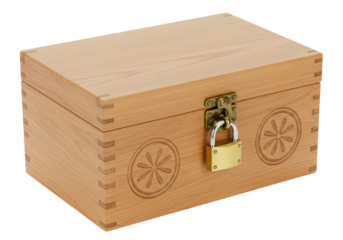 Isolated handcrafted wood box with dovetail joints and padlock to keep valuable items safe