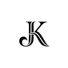 Elegant Black Monogram 'JK' with Flourishes and Serif Font