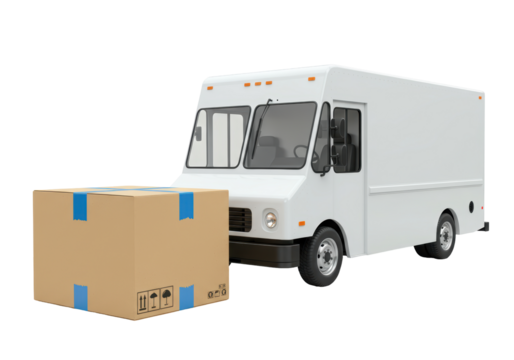 Isolated delivery van with package ready for shipping or transport for business solutions