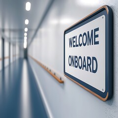 A modern hallway featuring a sign that reads "Welcome Onboard," indicating an inviting space, possibly on a ship or in a facility.