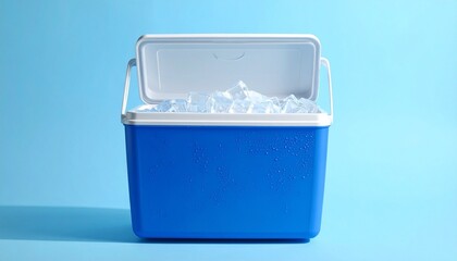 A blue cooler filled with ice cubes sits against a light blue backdrop&mdash;its white lid ajar, evoking freshness, utility, and the chilled simplicity of outdoor leisure and preservation.