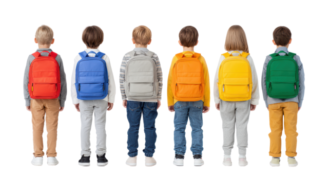 Children with backpacks of different colors standing in a row, facing away on a white isolated background.