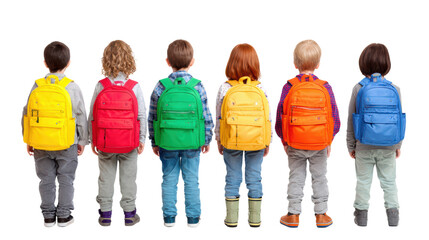 Children with colorful backpacks standing together, isolated on white background.