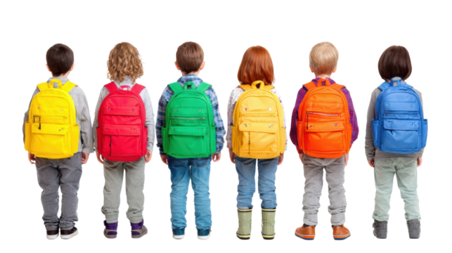 Children with colorful backpacks standing together, isolated on white background.