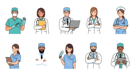 Diverse Group of Cartoon Medical Professionals in Uniforms with Various Tools.