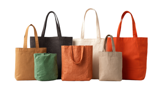 Colorful collection of canvas tote bags, displayed together on a white background. - Powered by Adobe