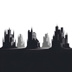 Obraz premium Dark Monochromatic Silhouette of Medieval Castles at Dusk: Mysterious, Fairytale-like Landscape