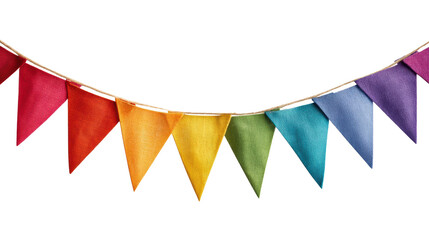 Obraz premium Colorful party bunting flags for festive celebrations, isolated on white background.
