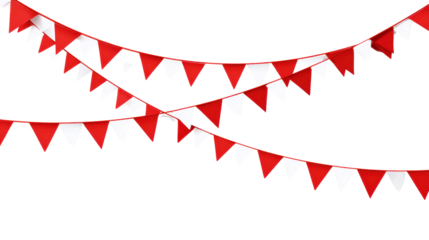 Colorful red and white bunting flags on a white isolated background, perfect for festive occasions.