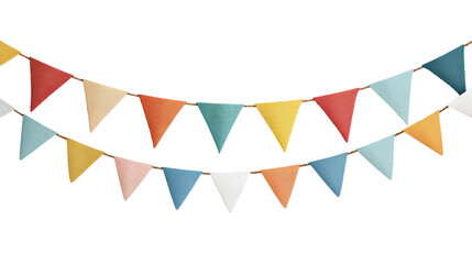 Fototapeta premium Colorful triangular bunting flags on a white isolated background for decoration and celebration.