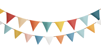 Colorful triangular bunting flags on a white isolated background for decoration and celebration.