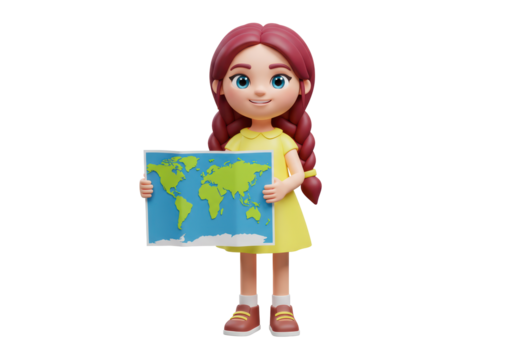 Isolated Young girl holding a map of the world, wearing yellow dress and red braids