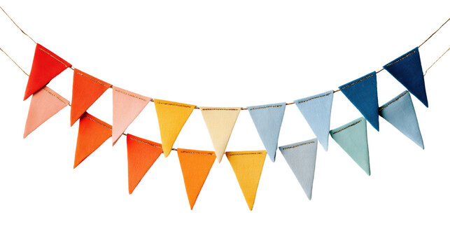 Colorful flags strung together, perfect for decor and celebrations, isolated on white background.