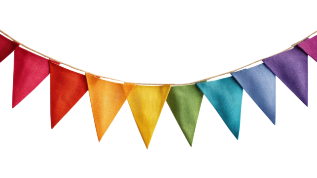 Colorful party bunting flags for festive celebrations, isolated on white background.