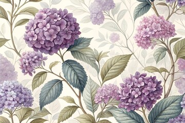 Elegant watercolor pattern featuring purple hydrangeas with delicate leaves and branches on a soft cream backdrop