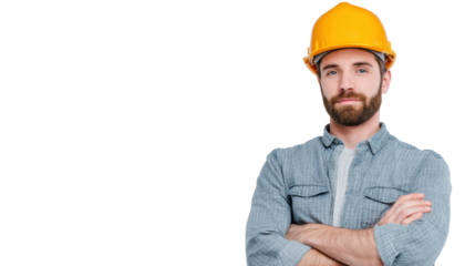 Confident construction worker wearing helmet, arms crossed, isolated on white background.