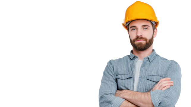 Confident construction worker wearing helmet, arms crossed, isolated on white background.