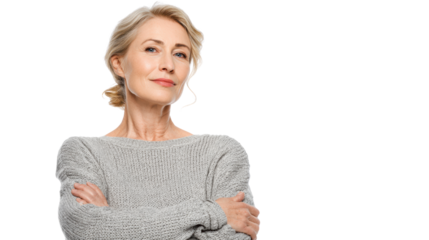Confident mature woman with crossed arms, smiling, isolated on white background.