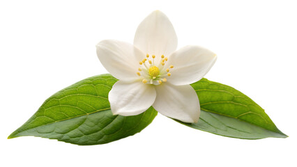 Fototapeta premium Closeup of a beautiful white jasmine flower with green leaves, showcasing its delicate petals and vibrant color isolated on transparent background