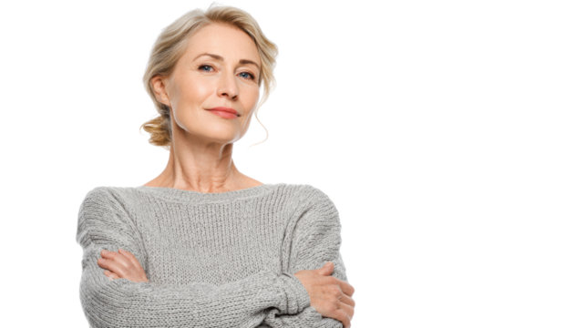 Confident mature woman with crossed arms, smiling, isolated on white background.